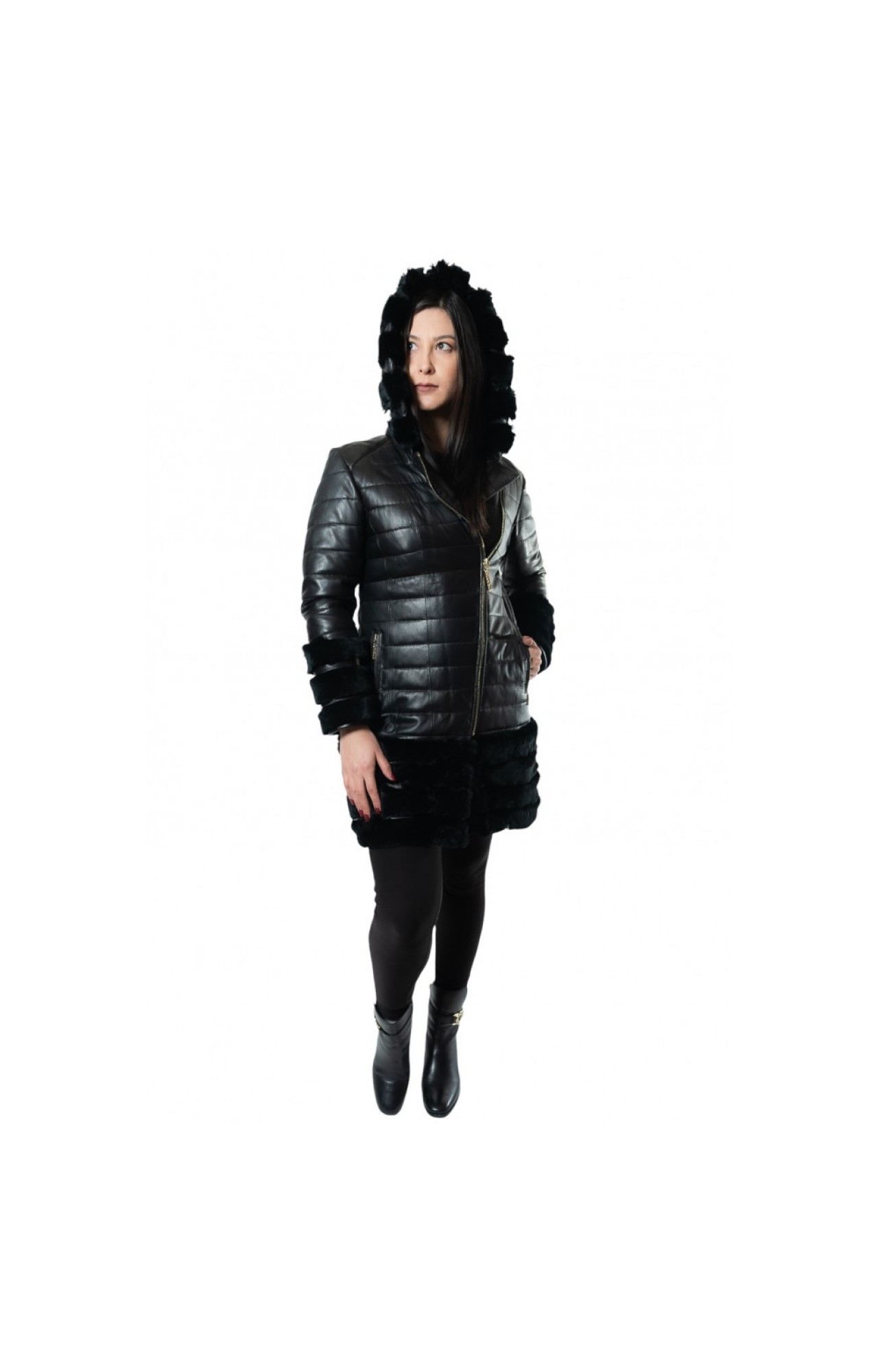 R-410 PERFECTO LEATHER JACKET WITH NATURAL REX FUR BLACK