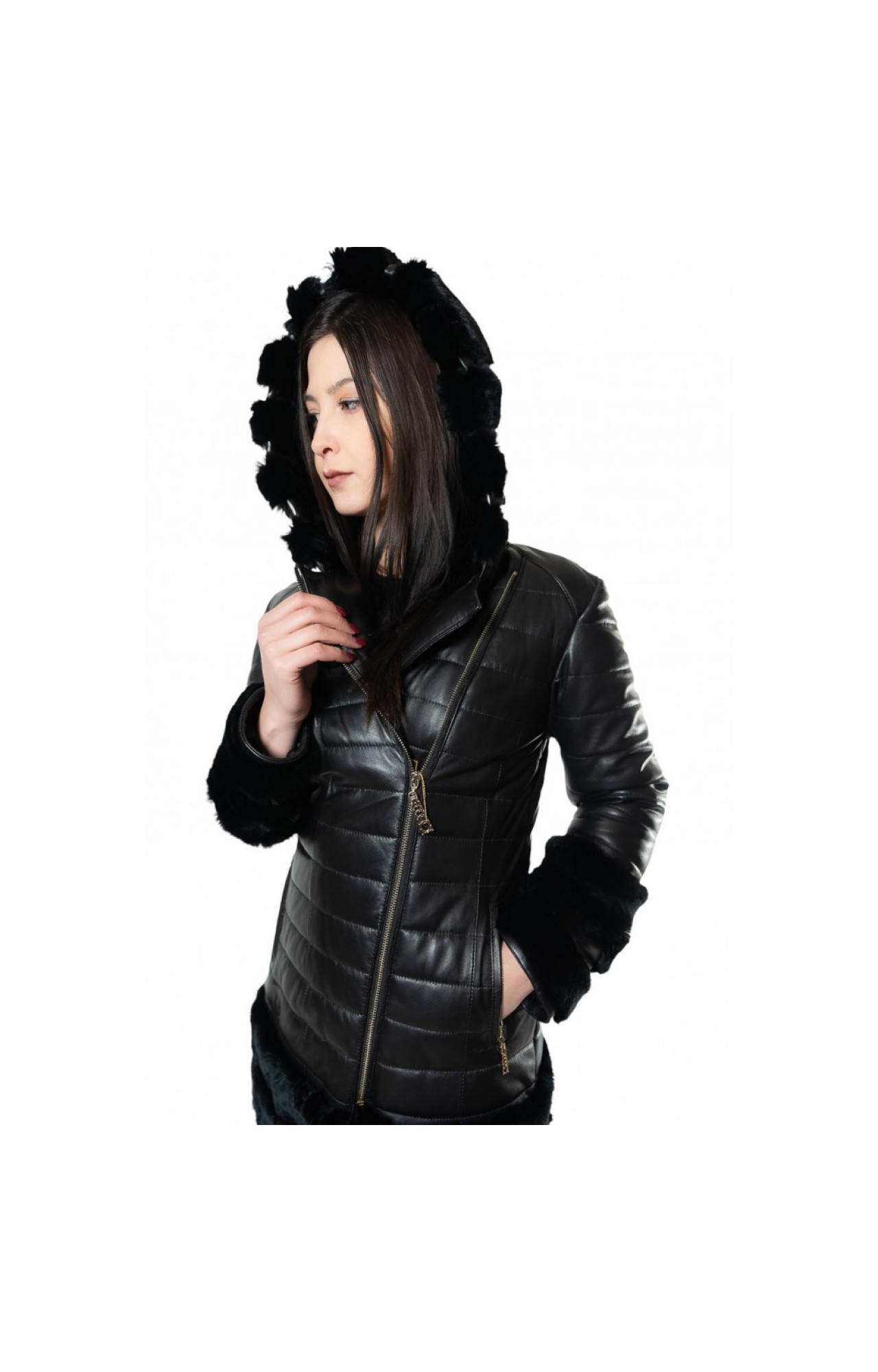 R-410 PERFECTO LEATHER JACKET WITH NATURAL REX FUR BLACK
