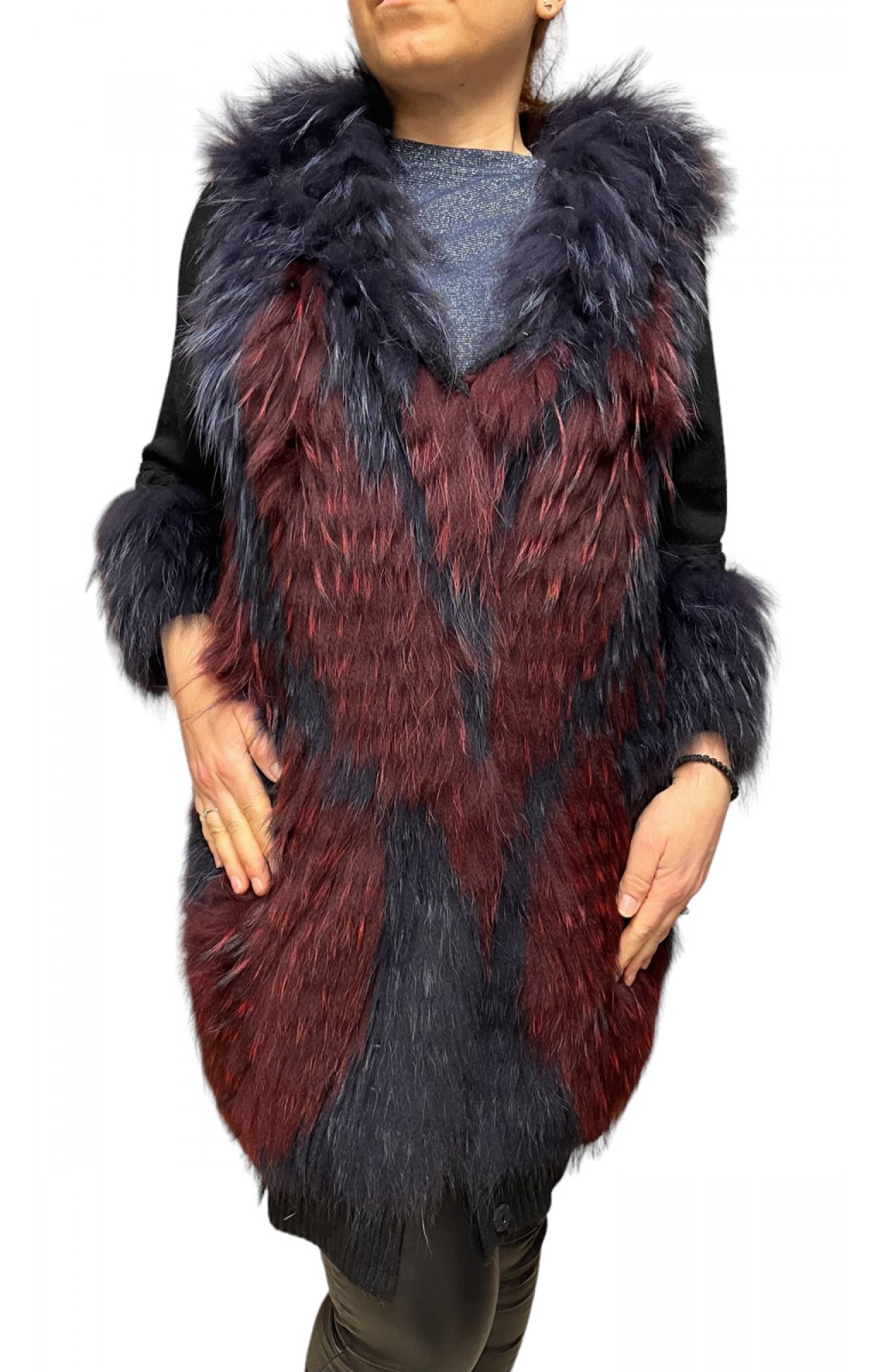 1023B WOMENS FOX FUR BLACK WITH BORDEAUX AND BLUE HIGHLIGHTS