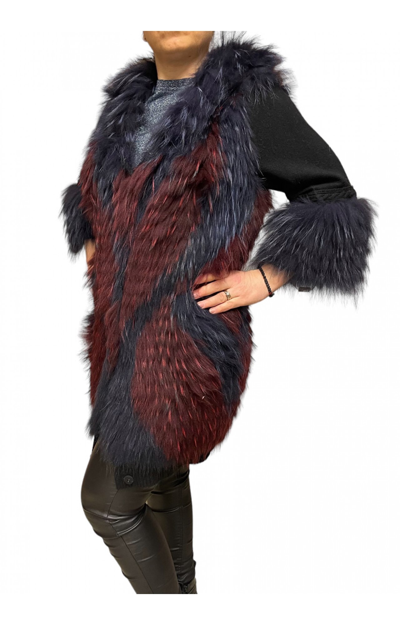 1023B WOMENS FOX FUR BLACK WITH BORDEAUX AND BLUE HIGHLIGHTS