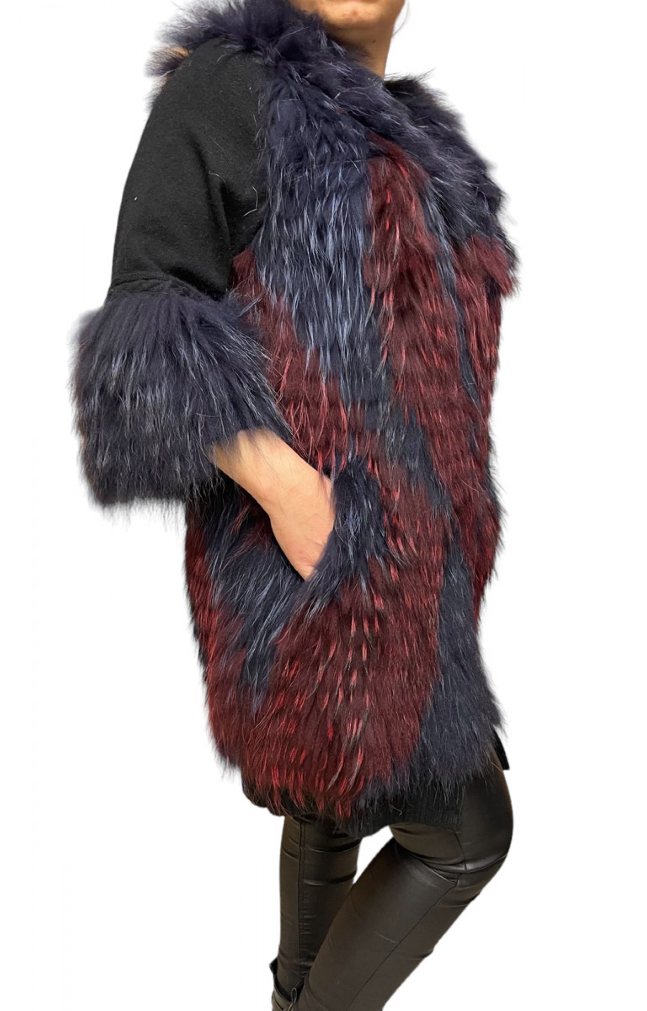 1023B WOMENS FOX FUR BLACK WITH BORDEAUX AND BLUE HIGHLIGHTS