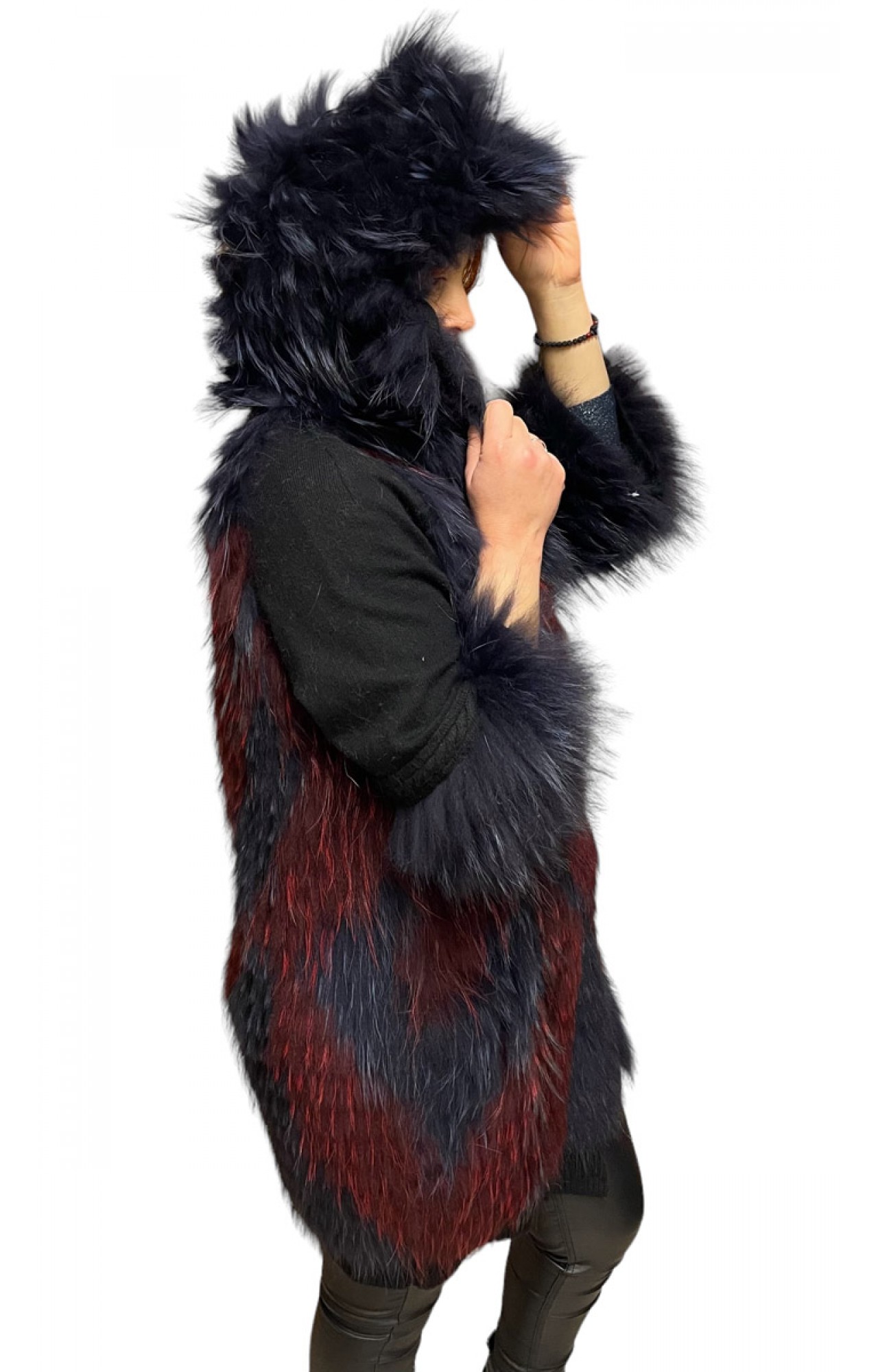 1023B WOMENS FOX FUR BLACK WITH BORDEAUX AND BLUE HIGHLIGHTS