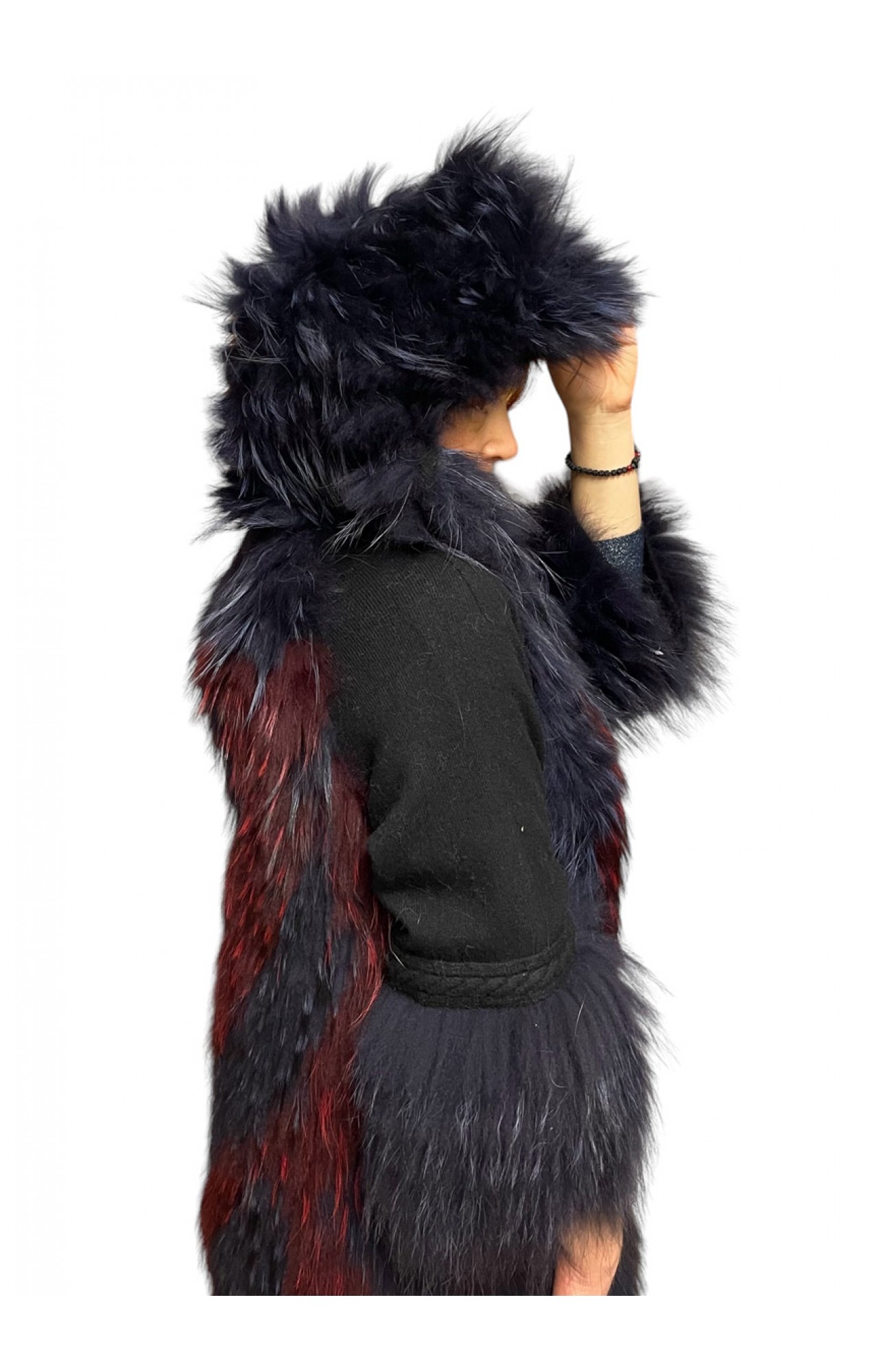 1023B WOMENS FOX FUR BLACK WITH BORDEAUX AND BLUE HIGHLIGHTS