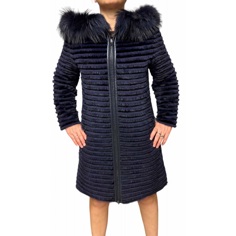 2408B WOMENS DOUBLE-SIDED MINK-REX FUR WITH HOOD PURPLE-BLACK