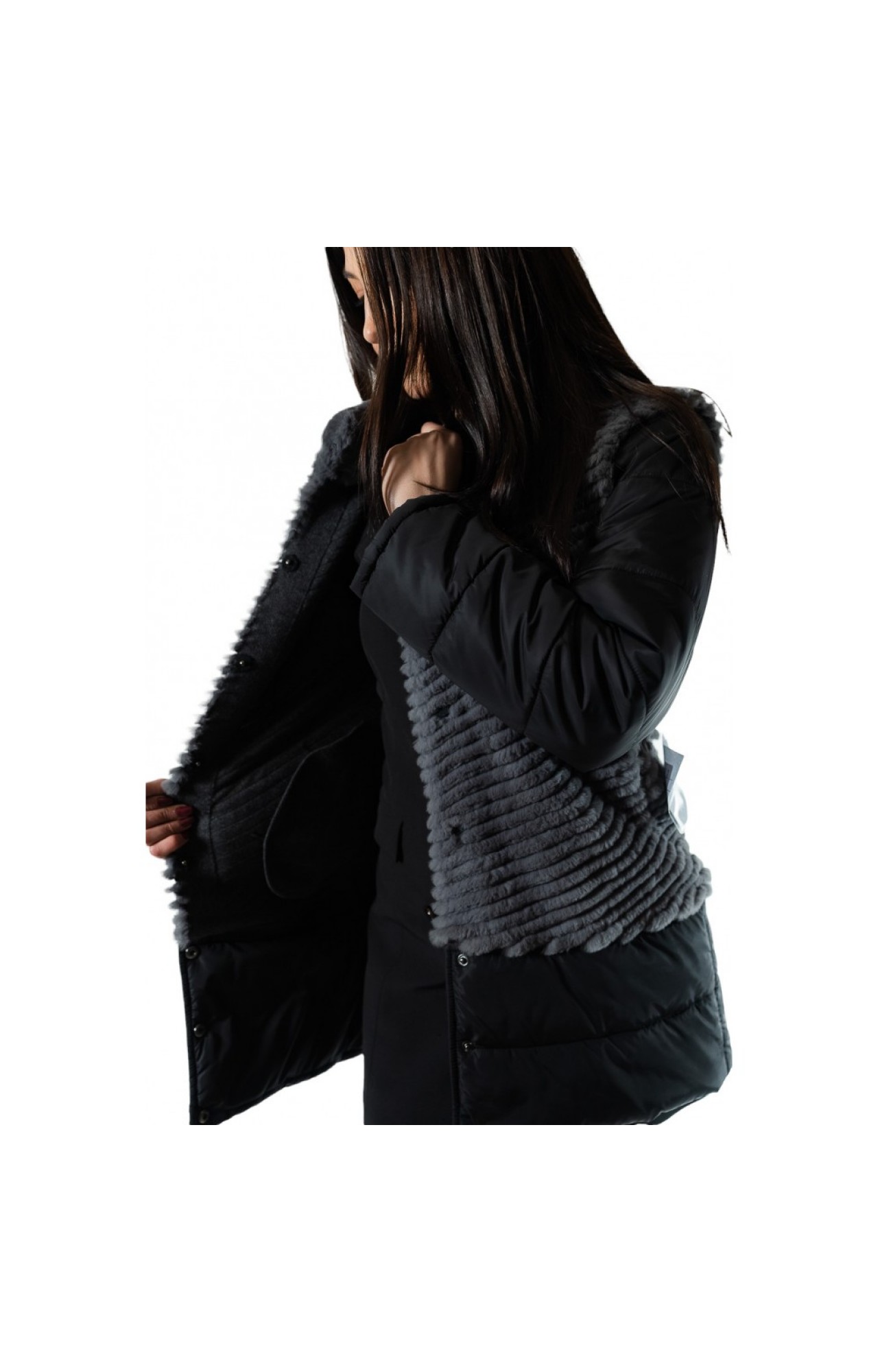 1694Α-GREY/BLACK WOMENS LONG JACKET