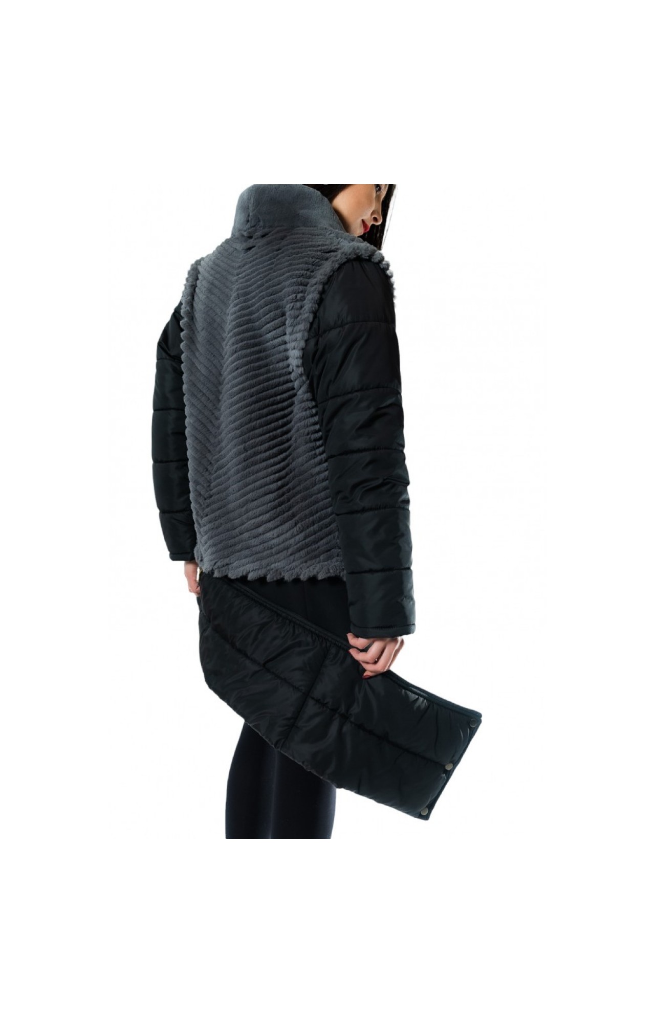 1694Α-GREY/BLACK WOMENS LONG JACKET