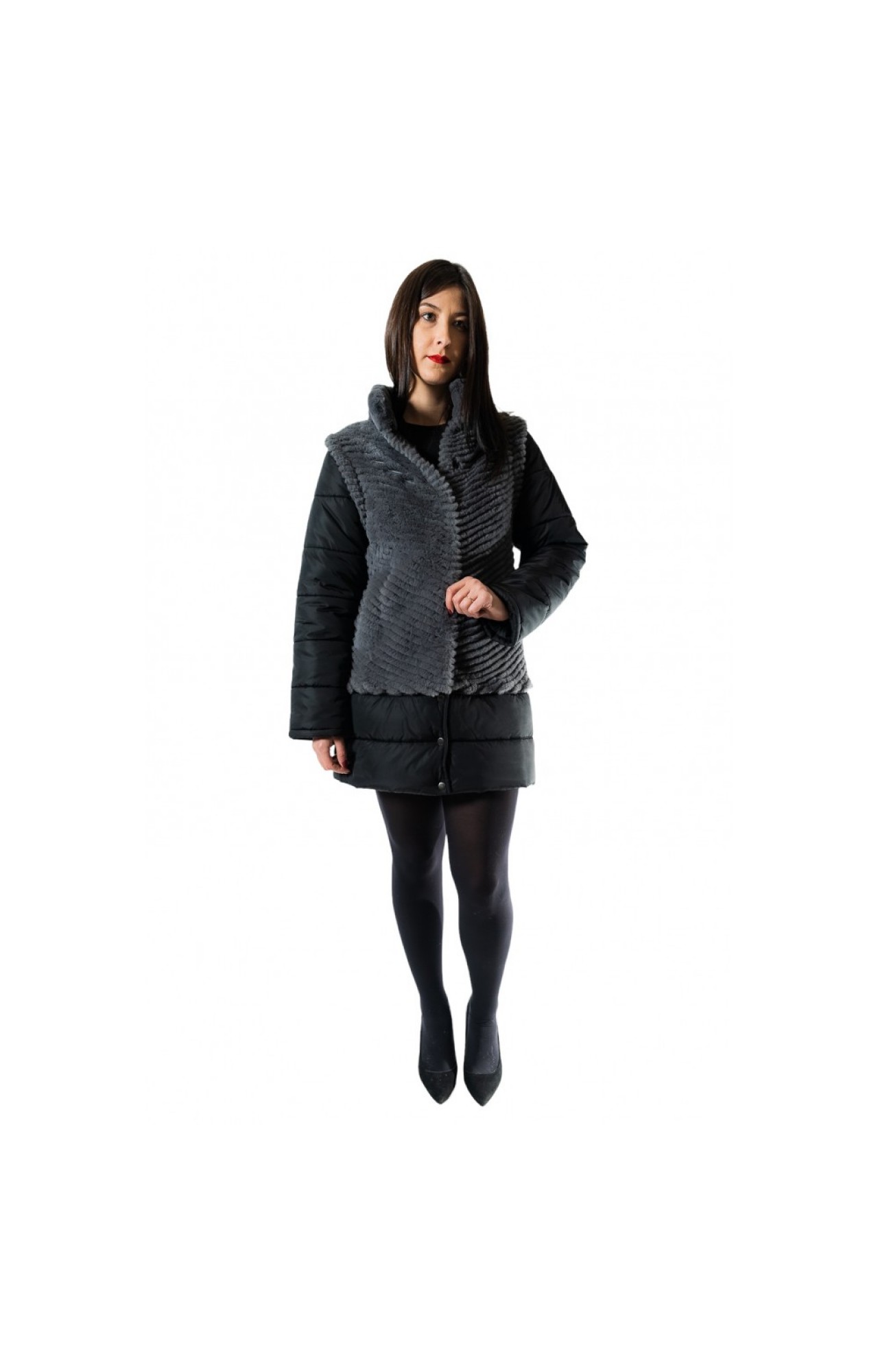 1694Α-GREY/BLACK WOMENS LONG JACKET