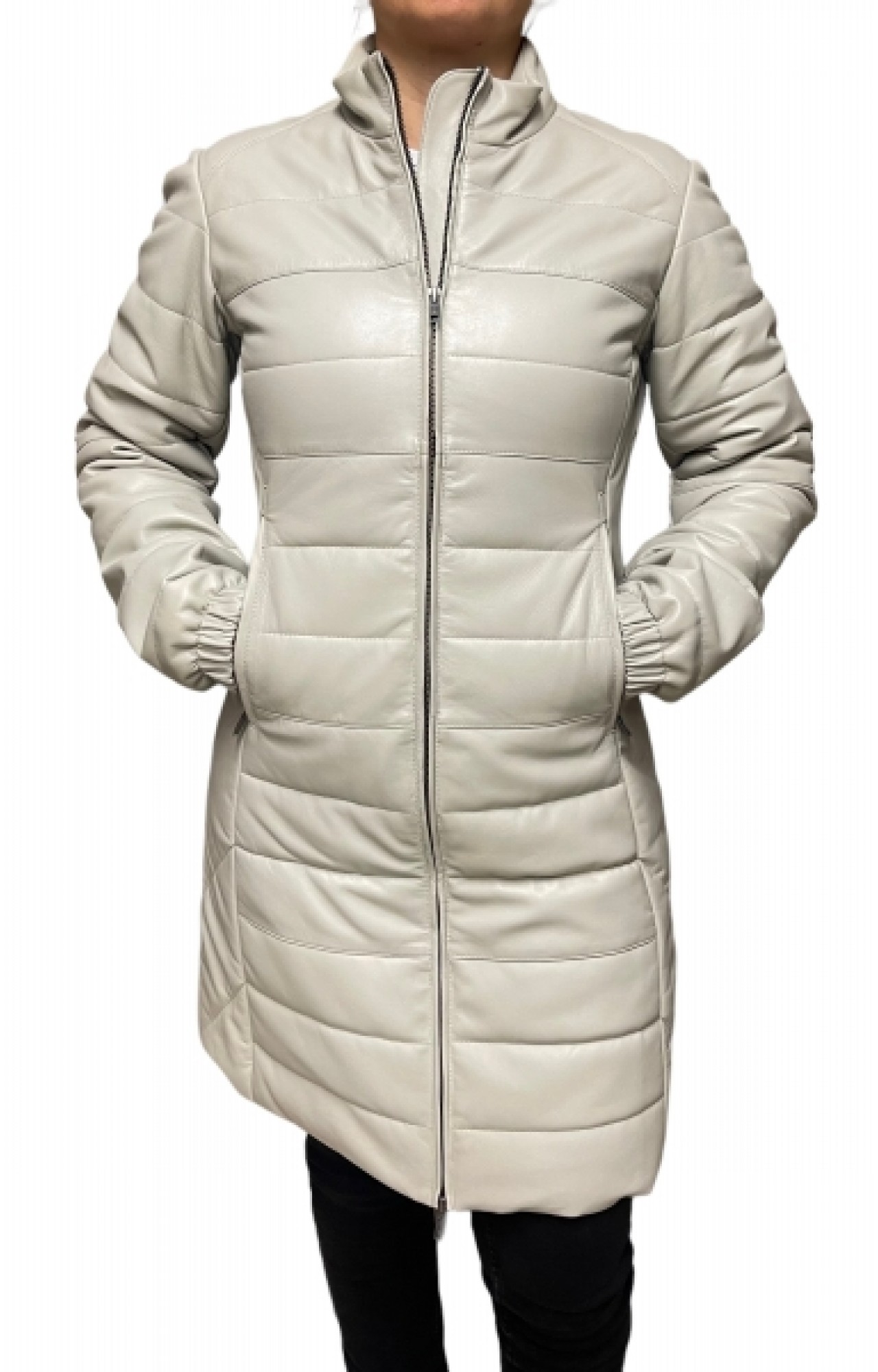 AW23-63-BABY BIRTH WOMENS LEATHER PUFFER LONG ICE WHITE