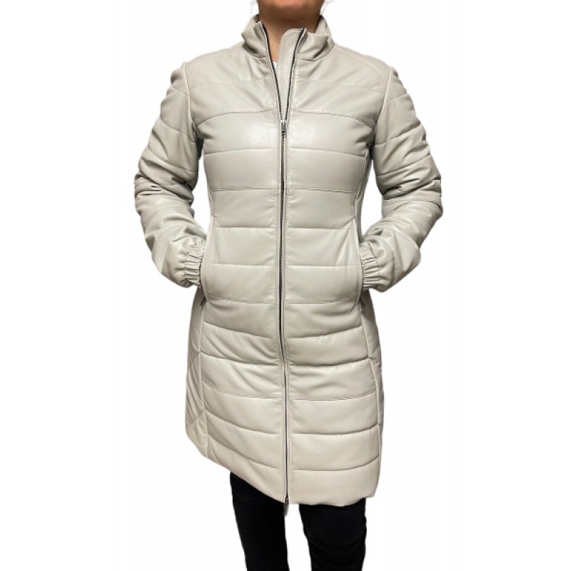 AW23-63-BABY BIRTH WOMENS LEATHER PUFFER LONG ICE WHITE