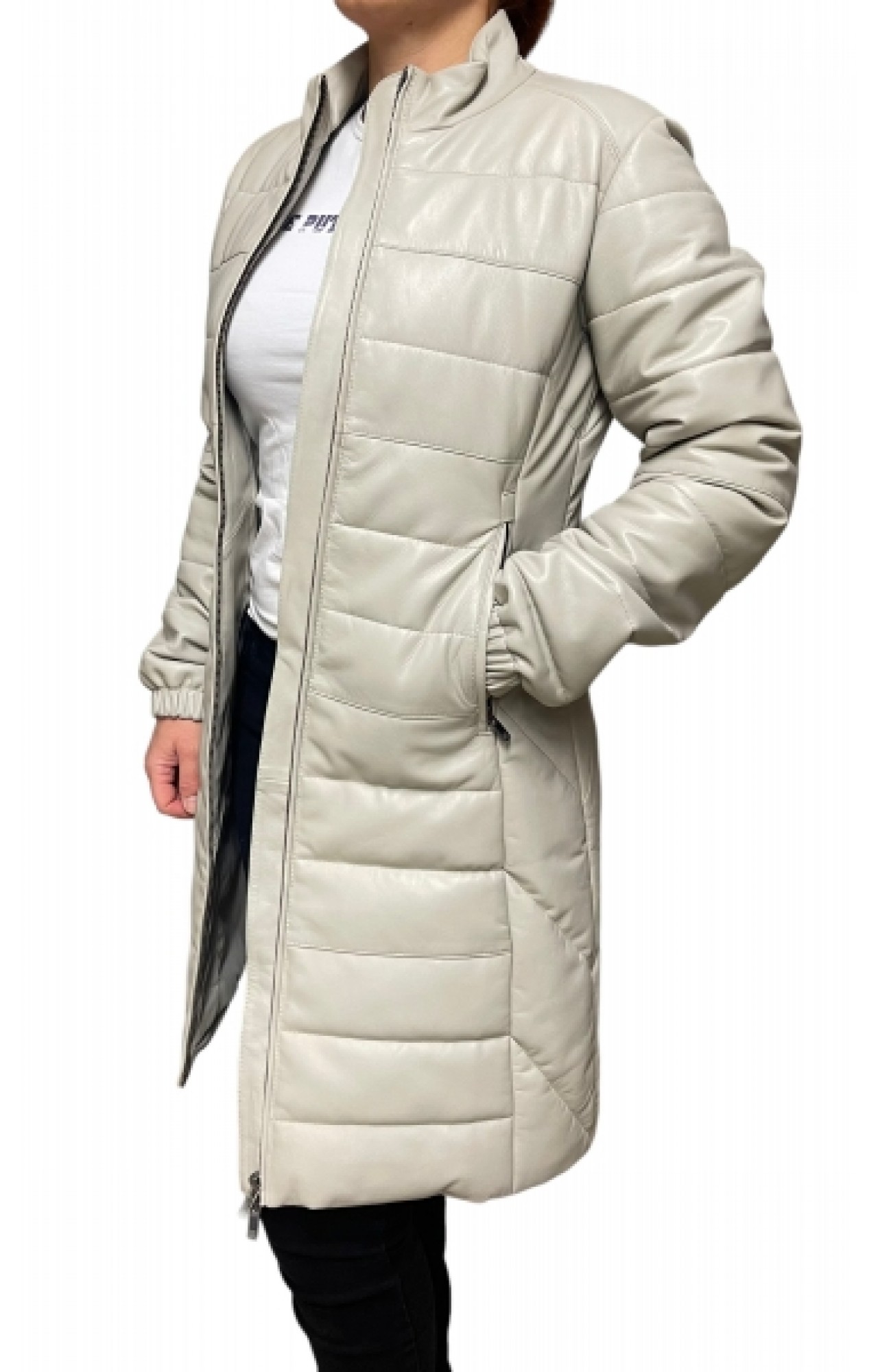 AW23-63-BABY BIRTH WOMENS LEATHER PUFFER LONG ICE WHITE