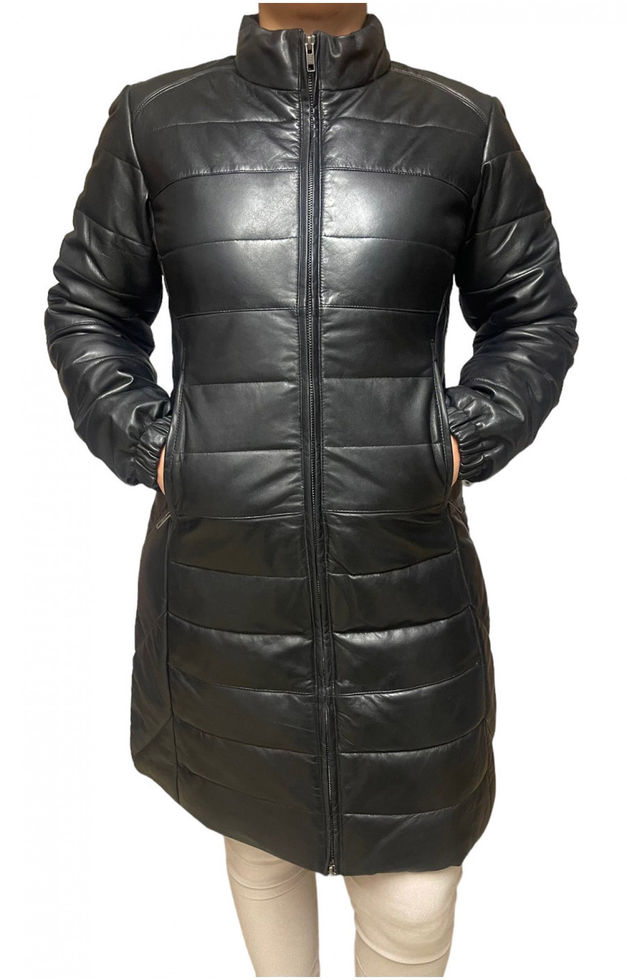 AW23-63-BLACK ΓΥΝΑΙΚΕΙΟ ΔΕΡΜΑΤΙΝΟ PUFFER ΜΑΚΡΥ ΜΑΥΡΟ