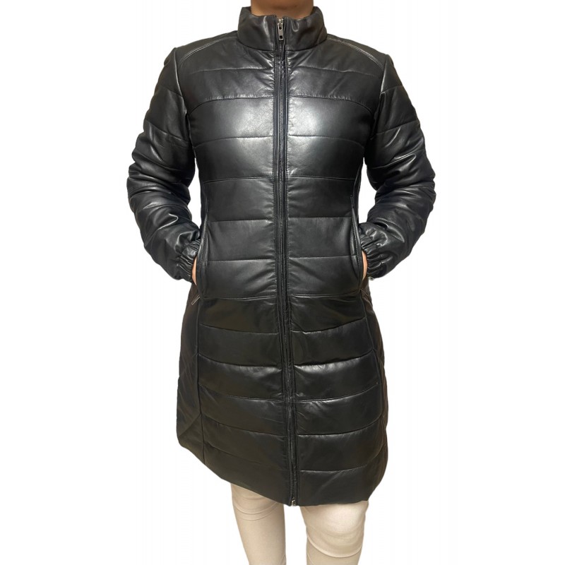 AW23-63-BLACK WOMENS LEATHER PUFFER LONG 