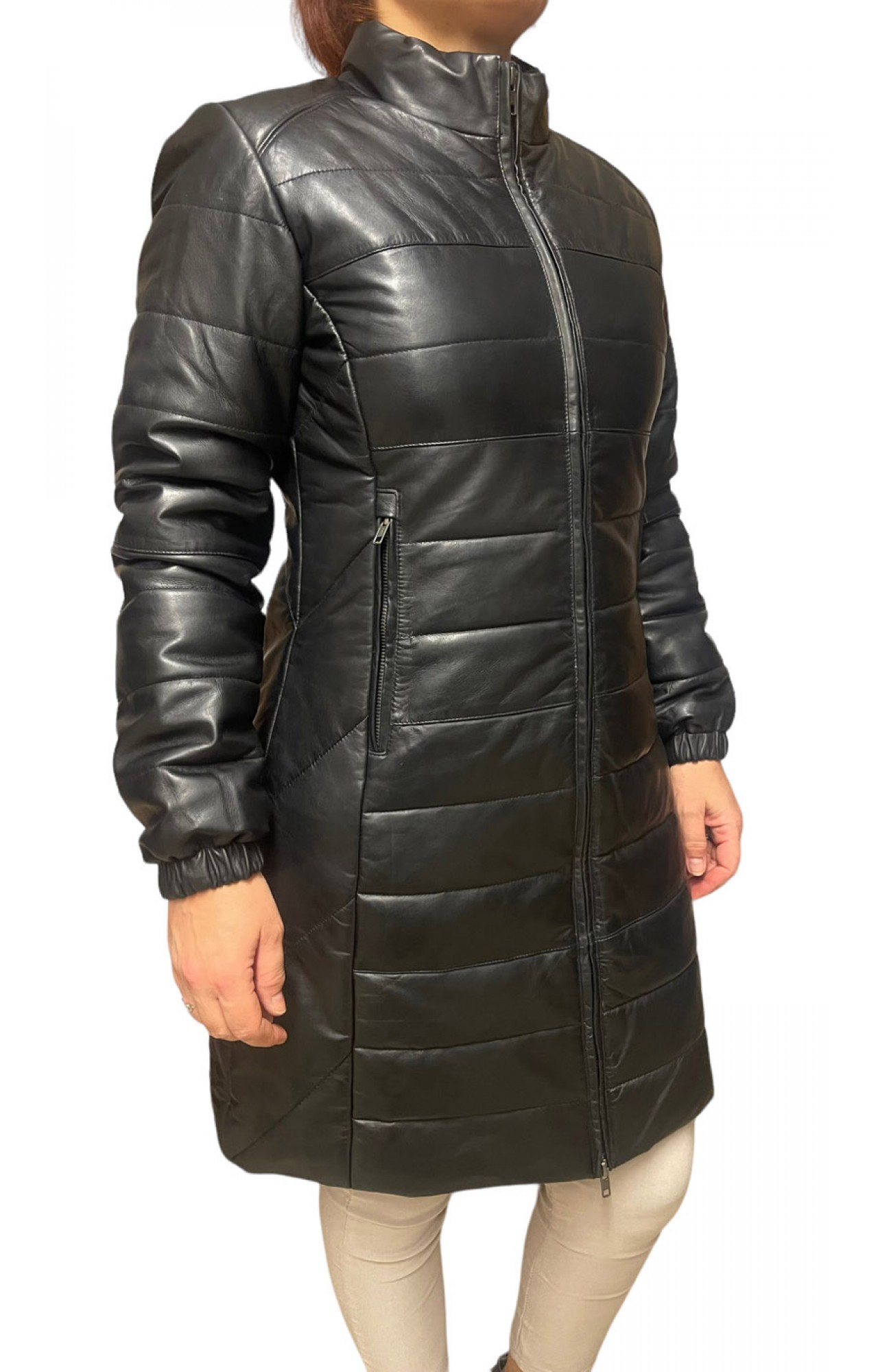 AW23-63-BLACK ΓΥΝΑΙΚΕΙΟ ΔΕΡΜΑΤΙΝΟ PUFFER ΜΑΚΡΥ ΜΑΥΡΟ