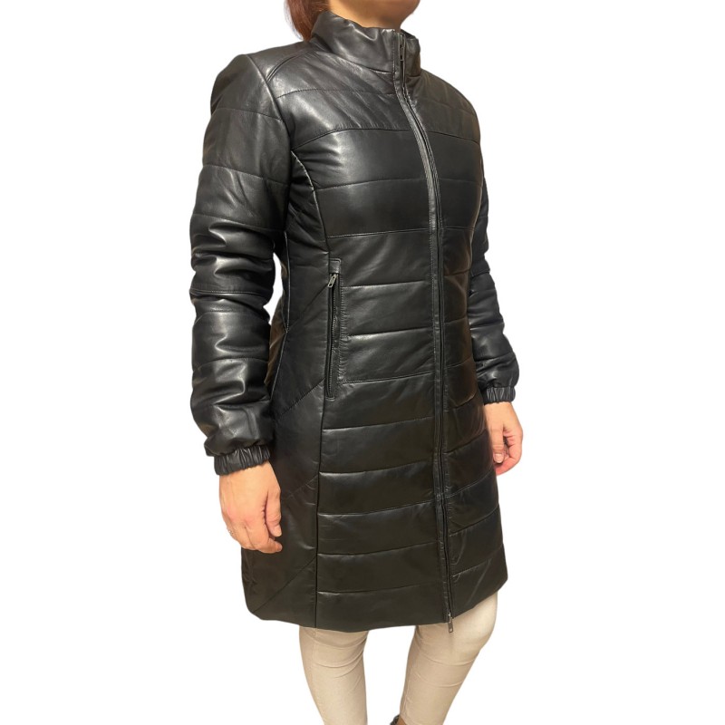 AW23-63-BLACK WOMENS LEATHER PUFFER LONG 