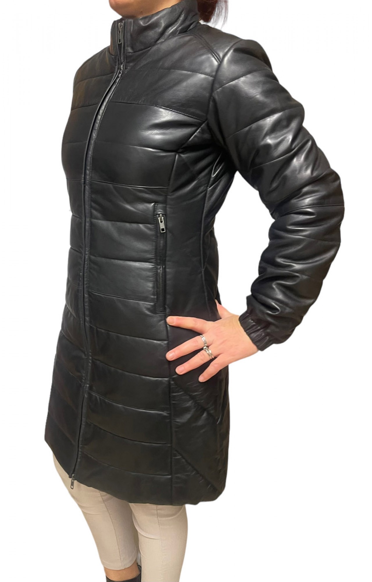 AW23-63-BLACK ΓΥΝΑΙΚΕΙΟ ΔΕΡΜΑΤΙΝΟ PUFFER ΜΑΚΡΥ ΜΑΥΡΟ