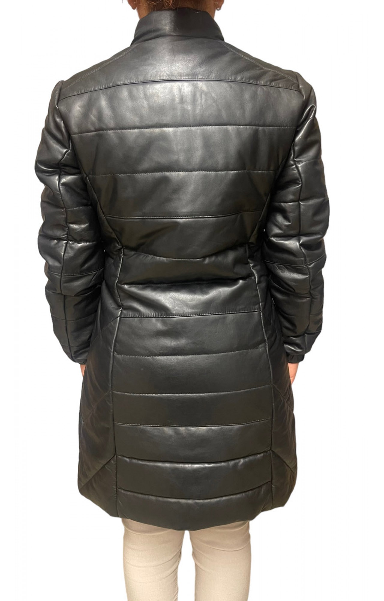 AW23-63-BLACK ΓΥΝΑΙΚΕΙΟ ΔΕΡΜΑΤΙΝΟ PUFFER ΜΑΚΡΥ ΜΑΥΡΟ