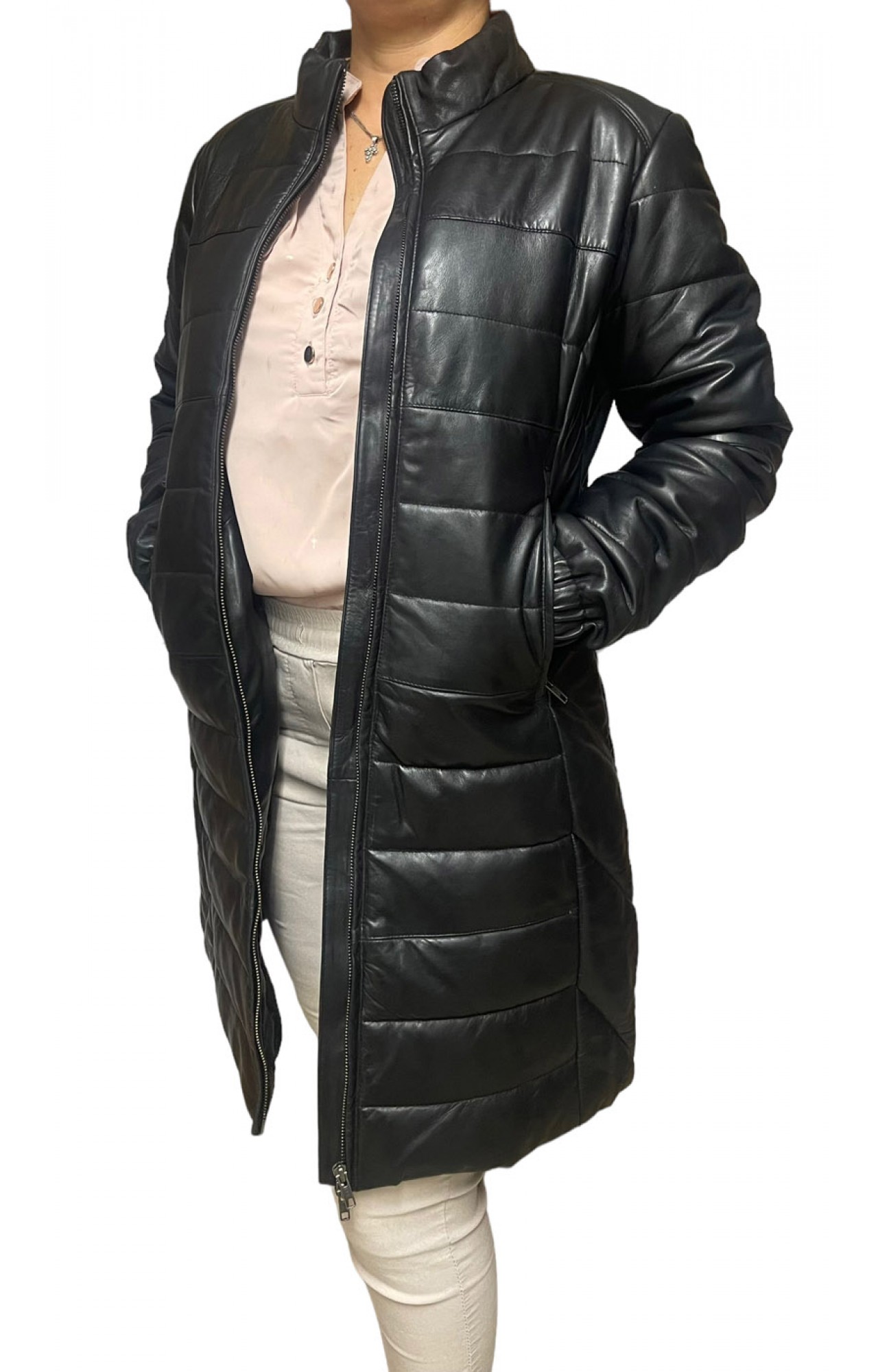 AW23-63-BLACK ΓΥΝΑΙΚΕΙΟ ΔΕΡΜΑΤΙΝΟ PUFFER ΜΑΚΡΥ ΜΑΥΡΟ