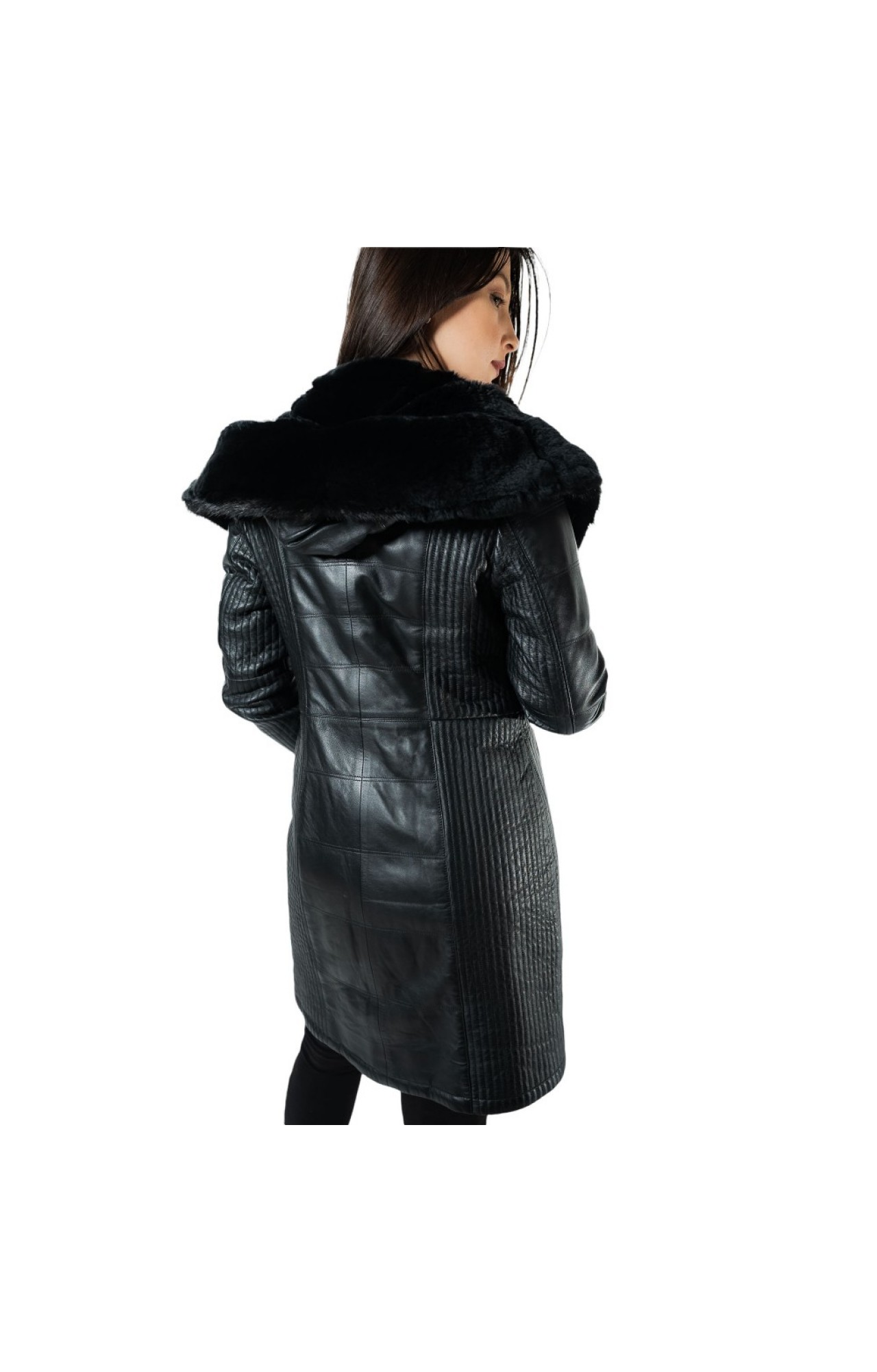 9863-2-C WOMENS DOUBLE SIDED LEATHER JACKET WITH NATURAL FUR BLACK