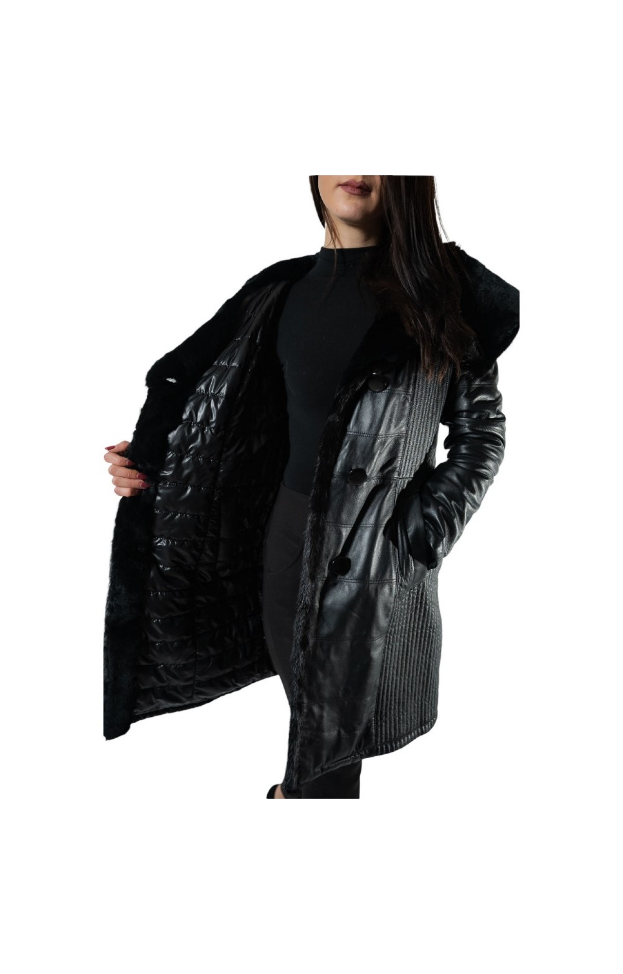 9863-2-C WOMENS DOUBLE SIDED LEATHER JACKET WITH NATURAL FUR BLACK