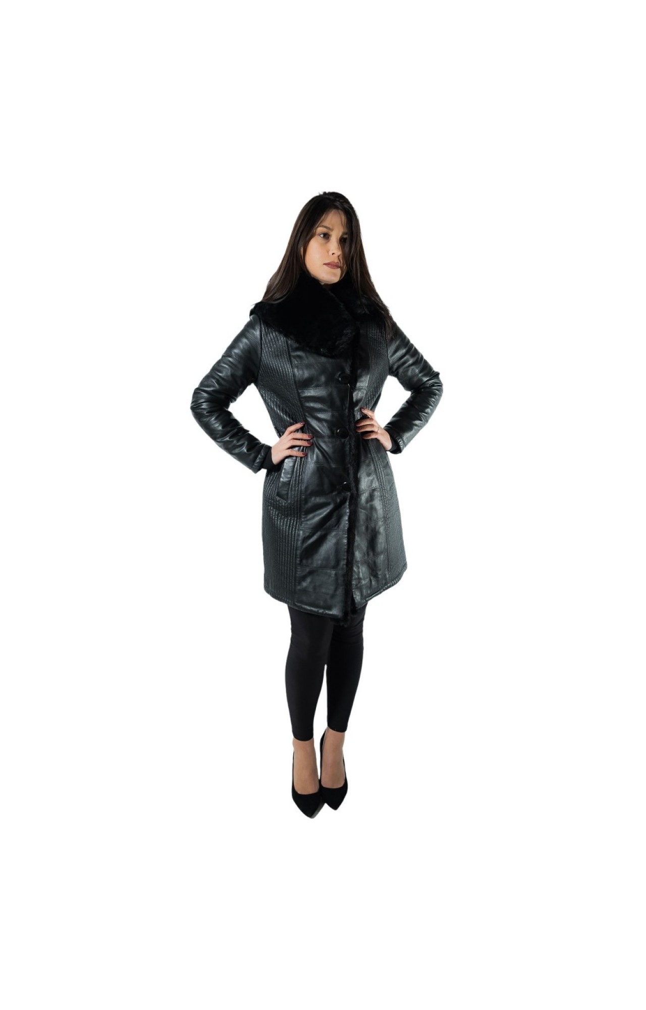 9863-2-C WOMENS DOUBLE SIDED LEATHER JACKET WITH NATURAL FUR BLACK