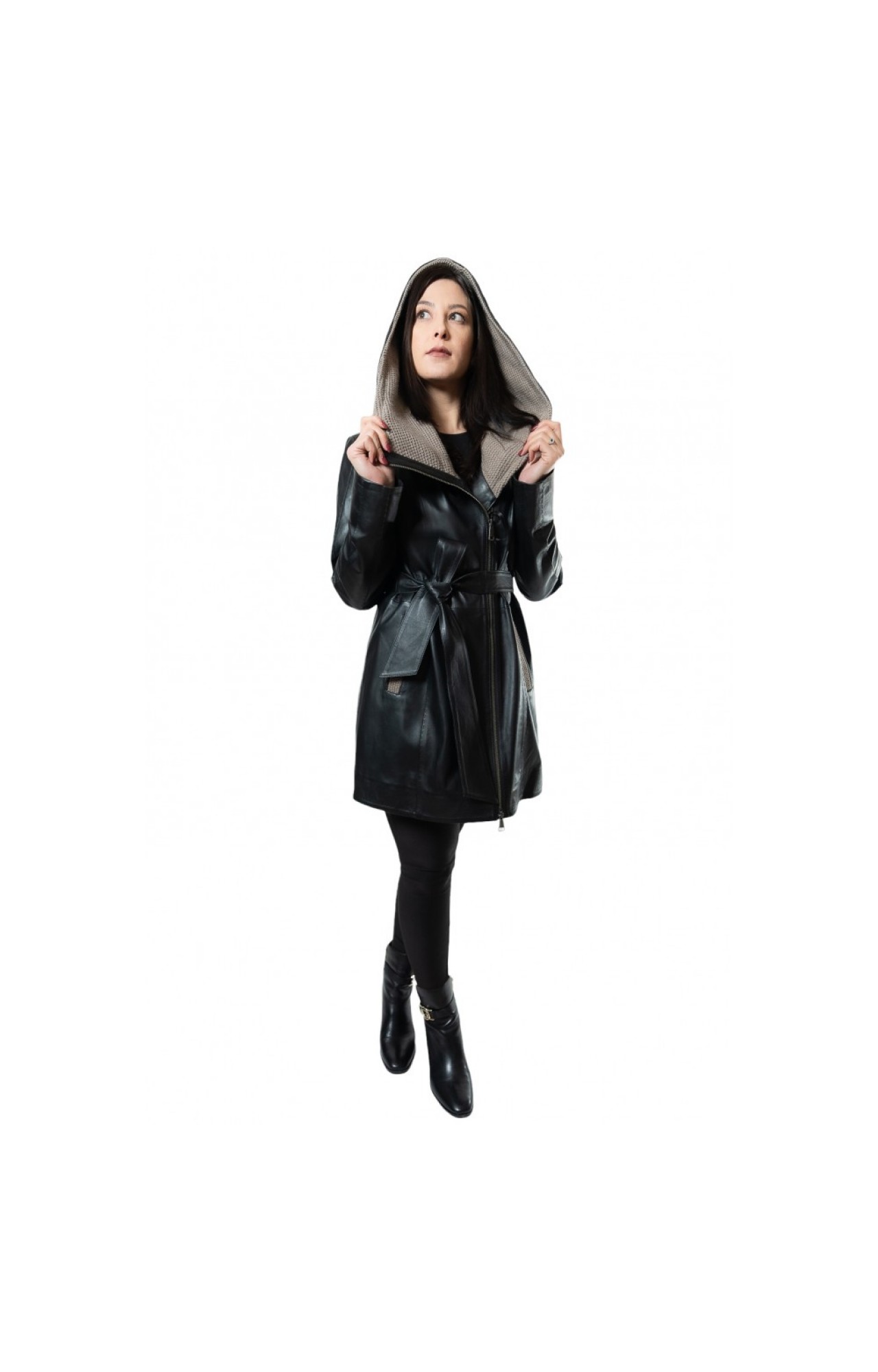 B-1190G-LONG WOMENS LEATHER SEMI-COAT BLACK