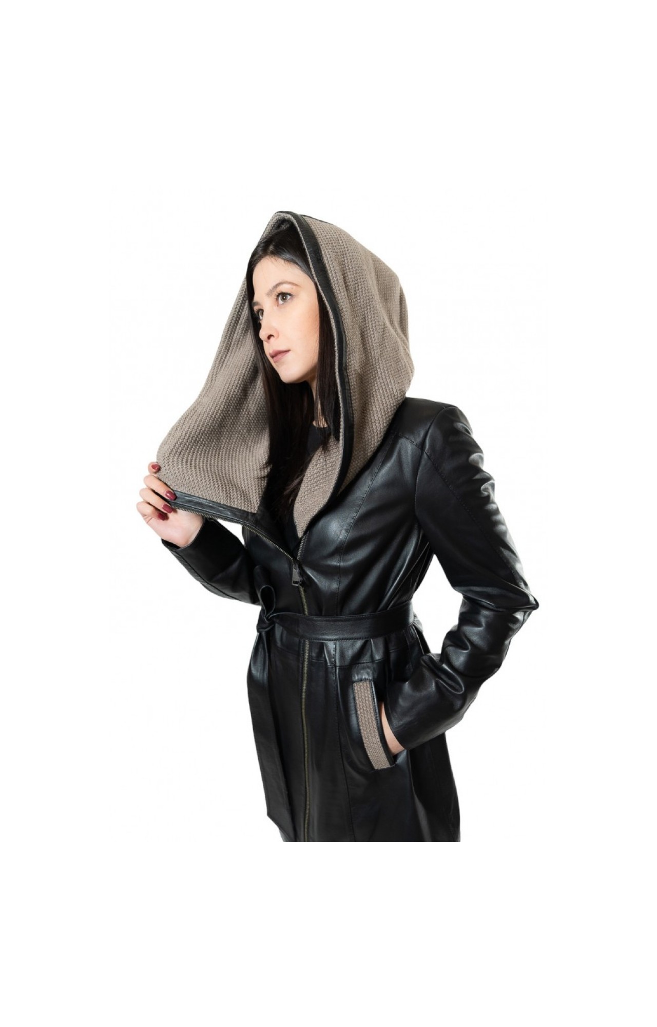 B-1190G-LONG WOMENS LEATHER SEMI-COAT BLACK