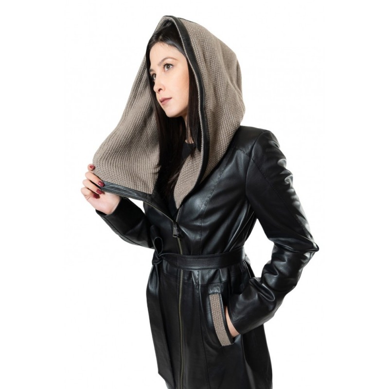 B-1190G-LONG ΓΥΝΑΙΚΕΙΟ ΔΕΡΜΑΤΙΝΟ ΜΑΥΡΟ ΗΜΙΠΑΛΤΟ ΜΕ ΜΠΕΖ ΚΟΥΚΟΥΛΑ