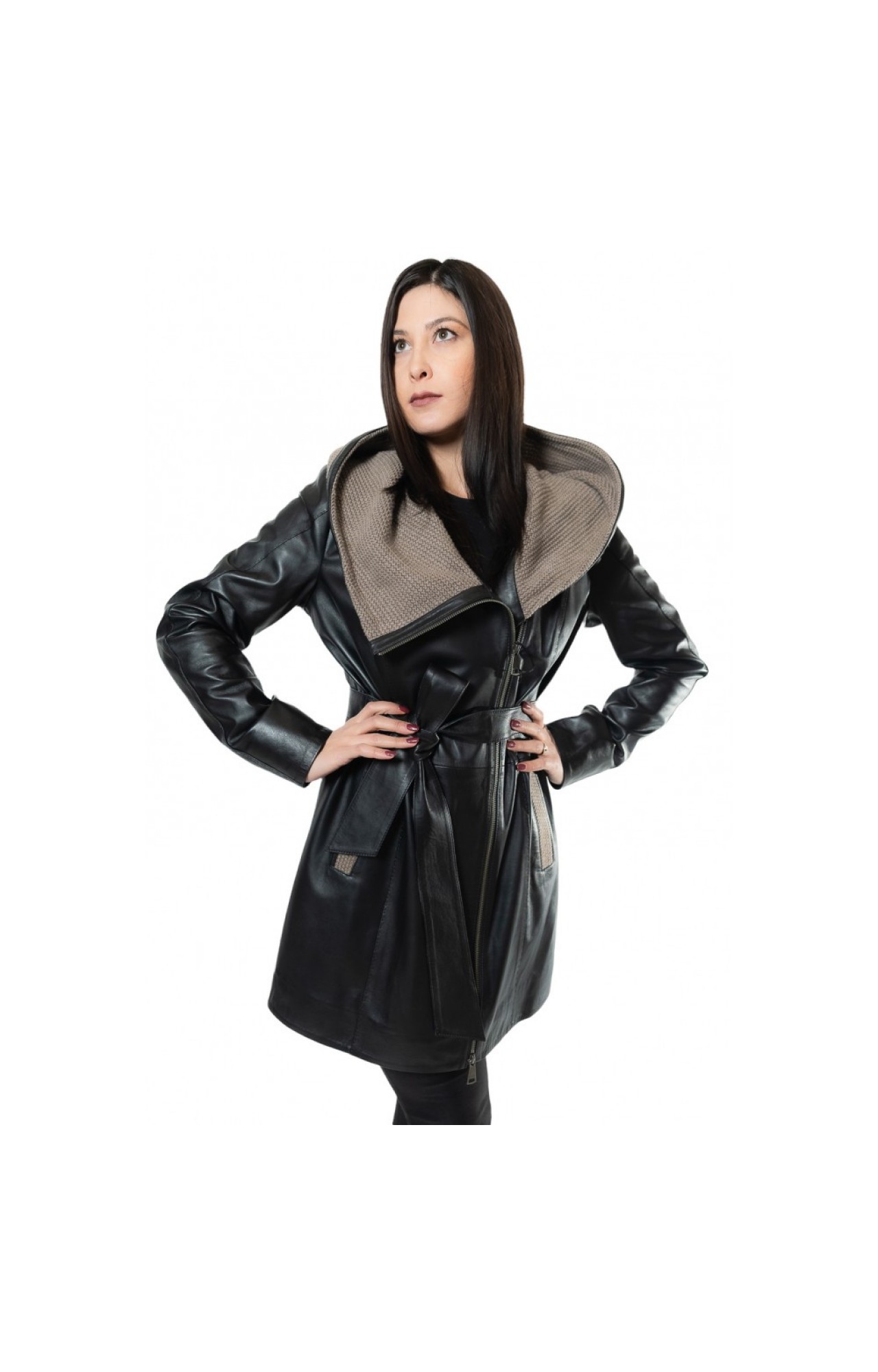 B-1190G-LONG WOMENS LEATHER SEMI-COAT BLACK