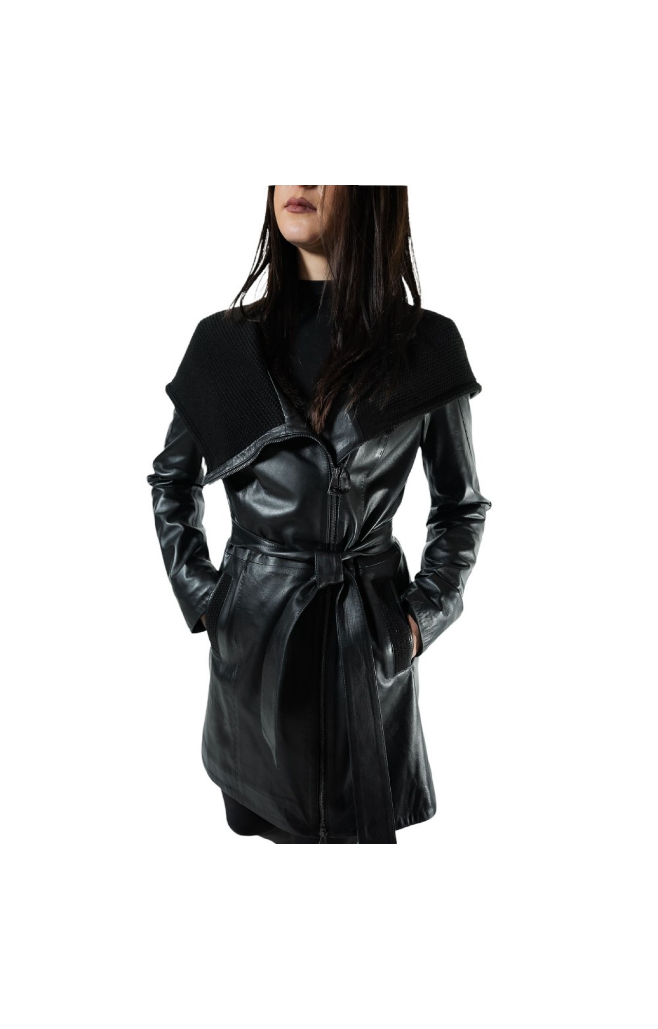 B-1190B-LONG BLACK WOMENS LEATHER SEMI-COAT