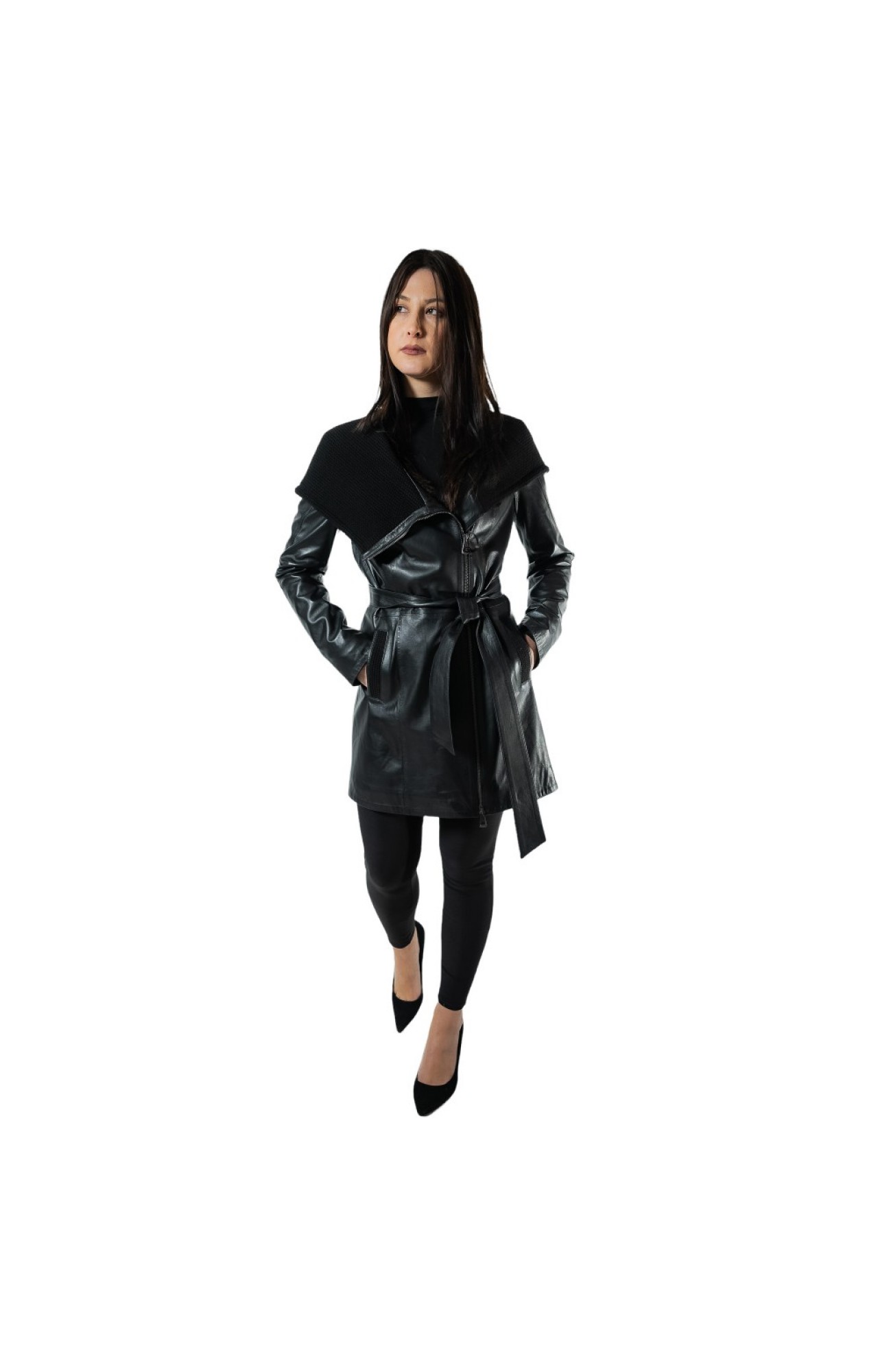 B-1190B-LONG BLACK WOMENS LEATHER SEMI-COAT
