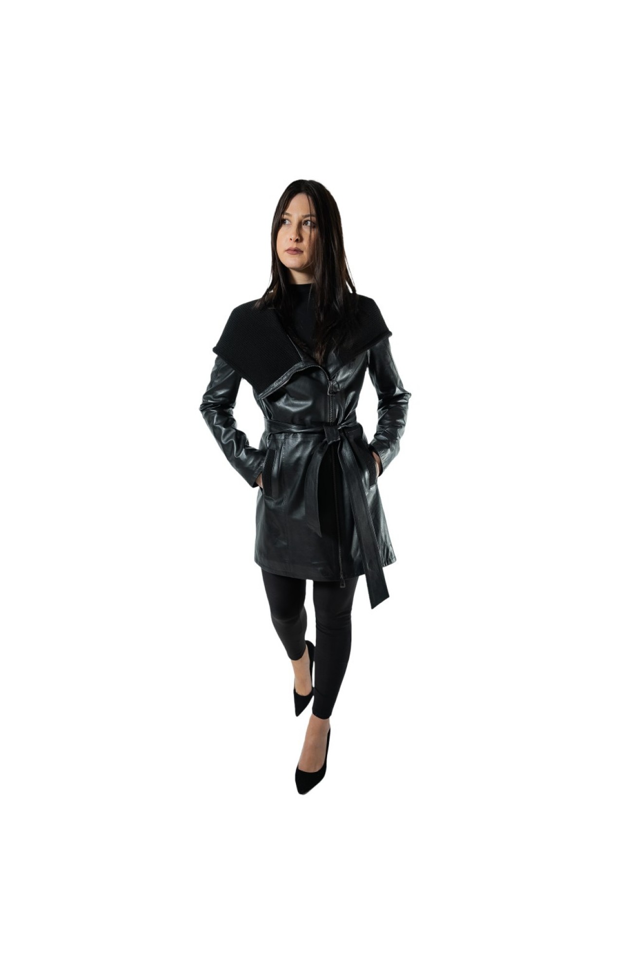 B-1190B-LONG BLACK WOMENS LEATHER SEMI-COAT