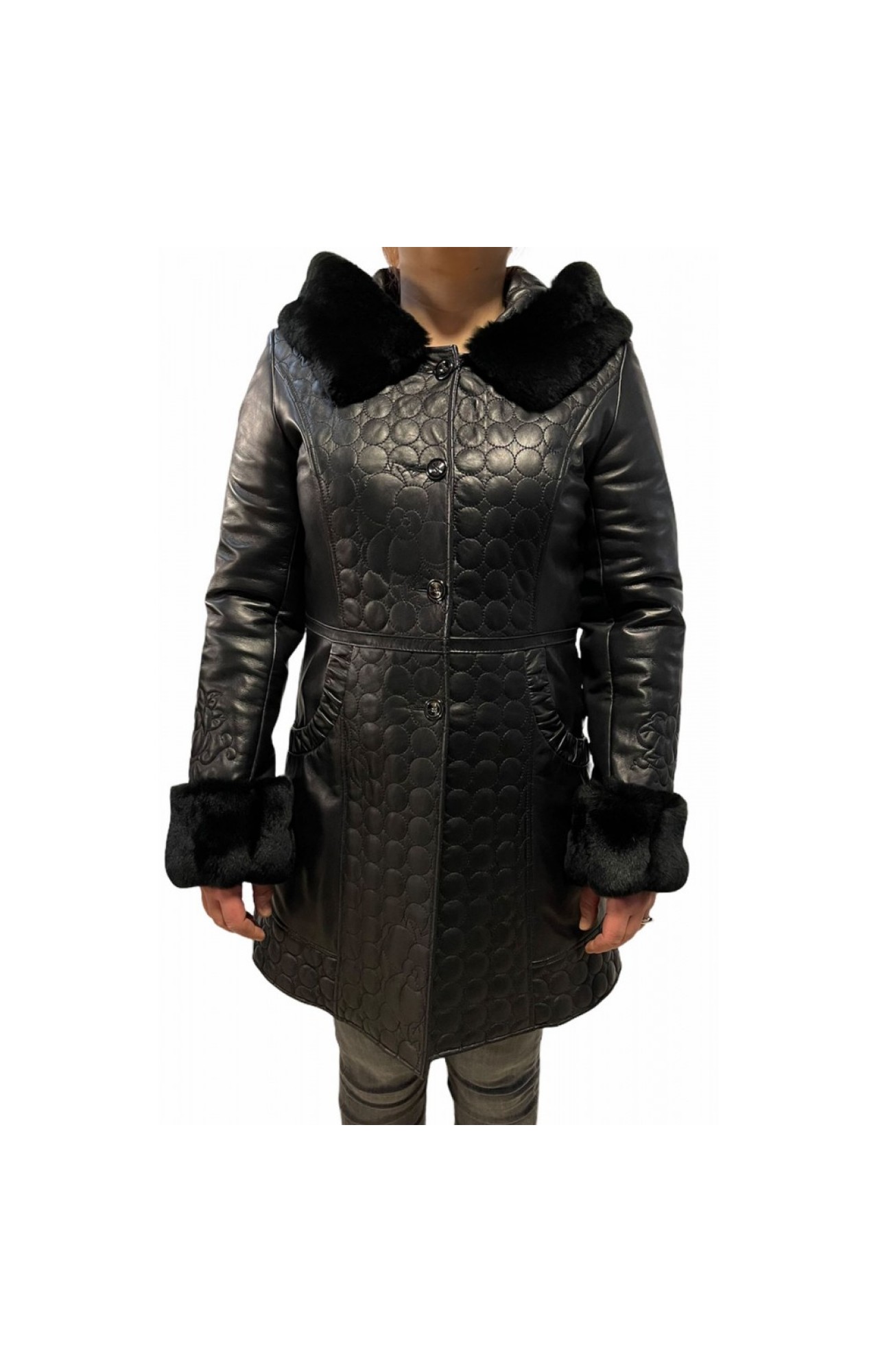 DA-0943 WOMENS LEATHER JACKET WITH HOOD AND REAL FUR BLACK