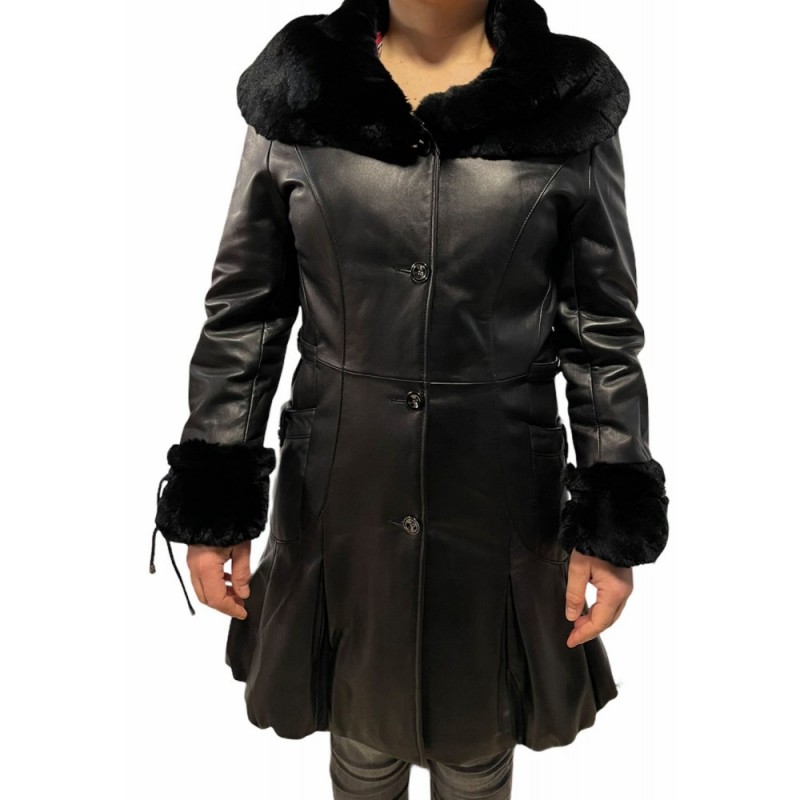 DA-0945-BLACK ΓΥΝΑΙΚΕΙΟ ΔΕΡΜΑΤΙΝΟ ΜΑΥΡΟ ΠΑΛΤΟ ΜΕ ΦΥΣΙΚΗ ΓΟΥΝΑ