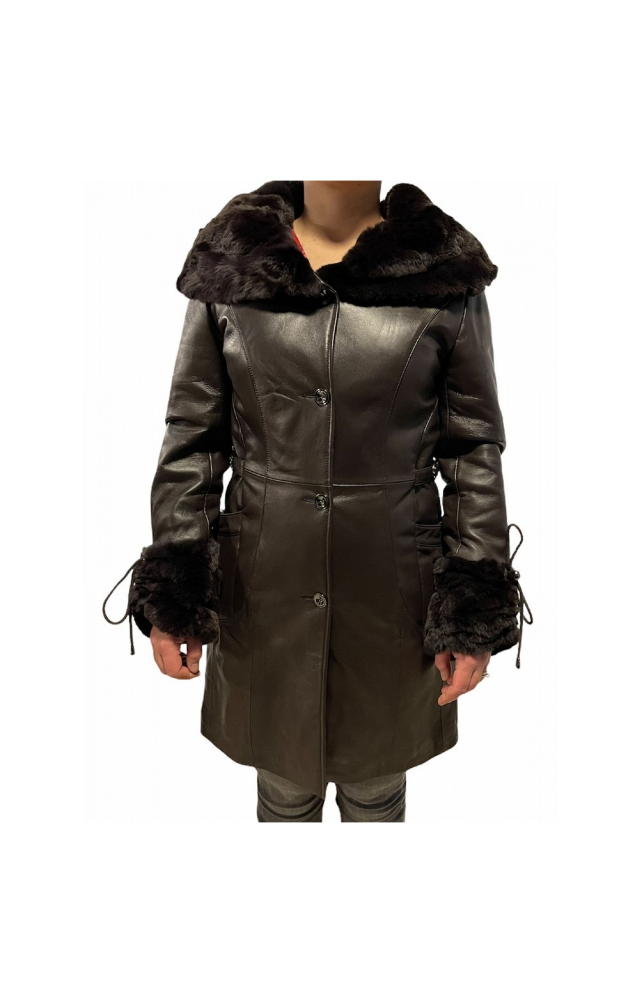 DA-0945 WOMENS LEATHER COAT WITH NATURAL FUR BROWN