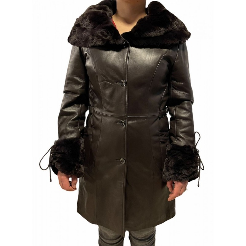 DA-0945-BROWN ΓΥΝΑΙΚΕΙΟ ΔΕΡΜΑΤΙΝΟ ΚΑΦΕ ΠΑΛΤΟ ΜΕ ΦΥΣΙΚΗ ΓΟΥΝΑ