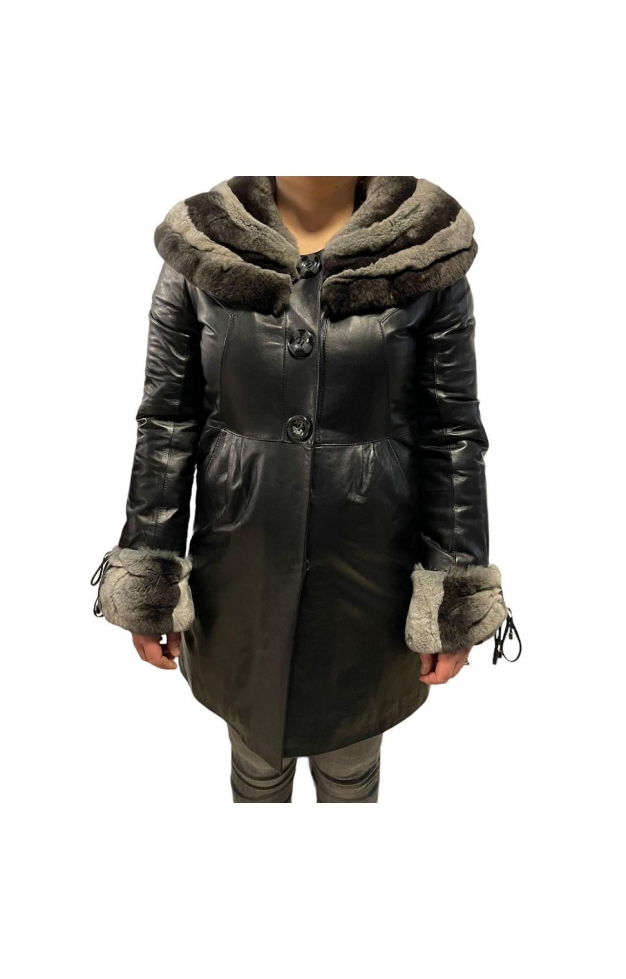 KI-10093 WOMENS LEATHER JACKET WITH NATURAL FUR BLACK