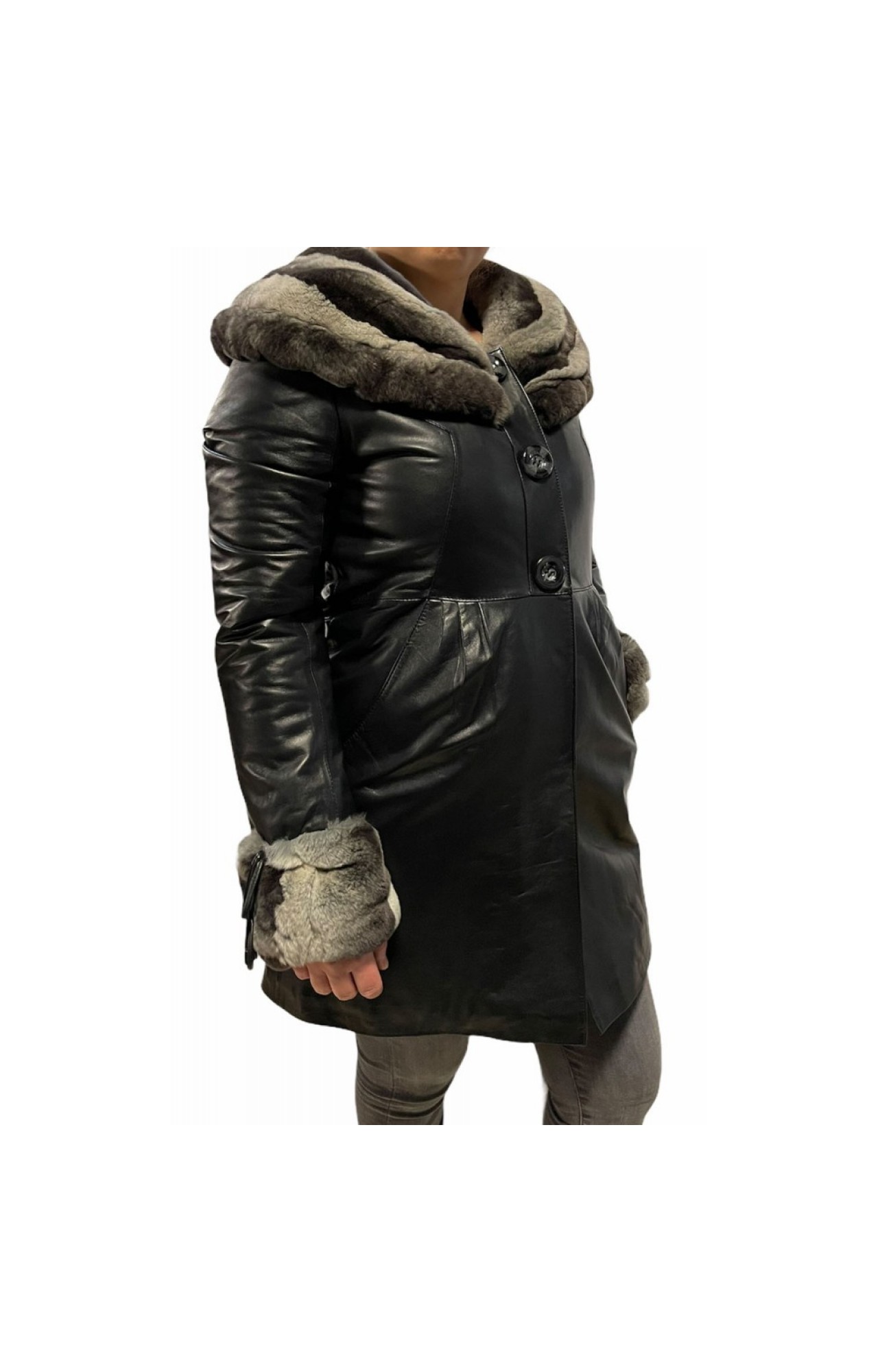 KI-10093 WOMENS LEATHER JACKET WITH NATURAL FUR BLACK