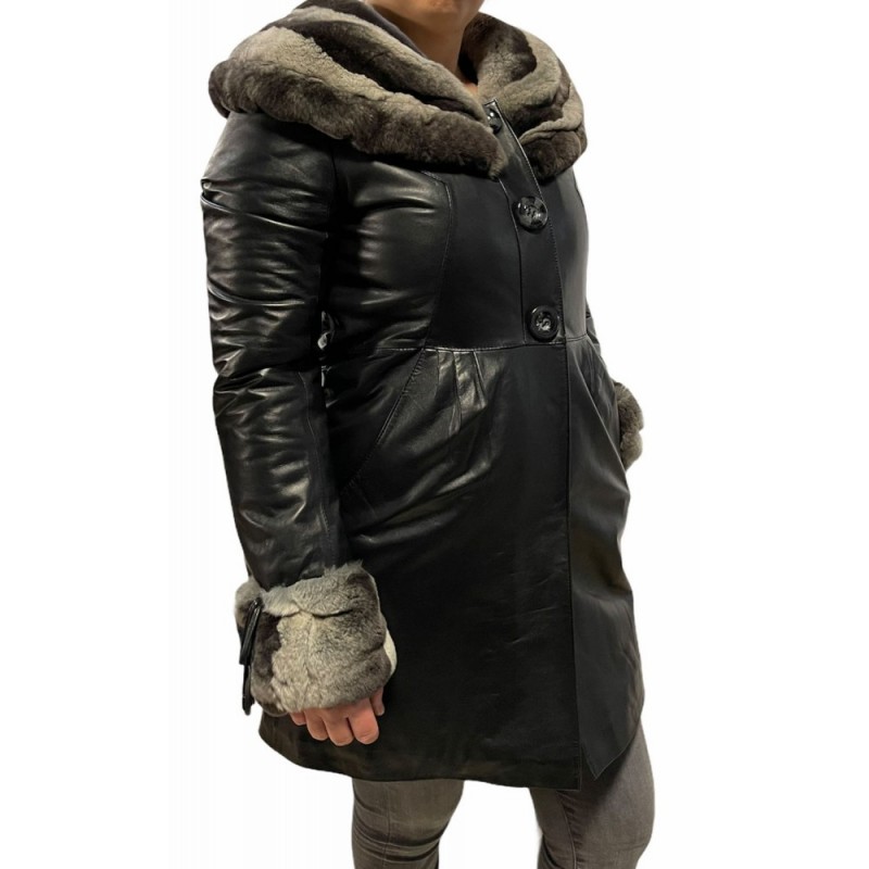 KI-10093 ΓΥΝΑΙΚΕΙΑ ΔΕΡΜΑΤΙΝΗ ΖΑΚΕΤΑ ΜΕ ΦΥΣΙΚΗ ΓΟΥΝΑ ΜΑΥΡΗ