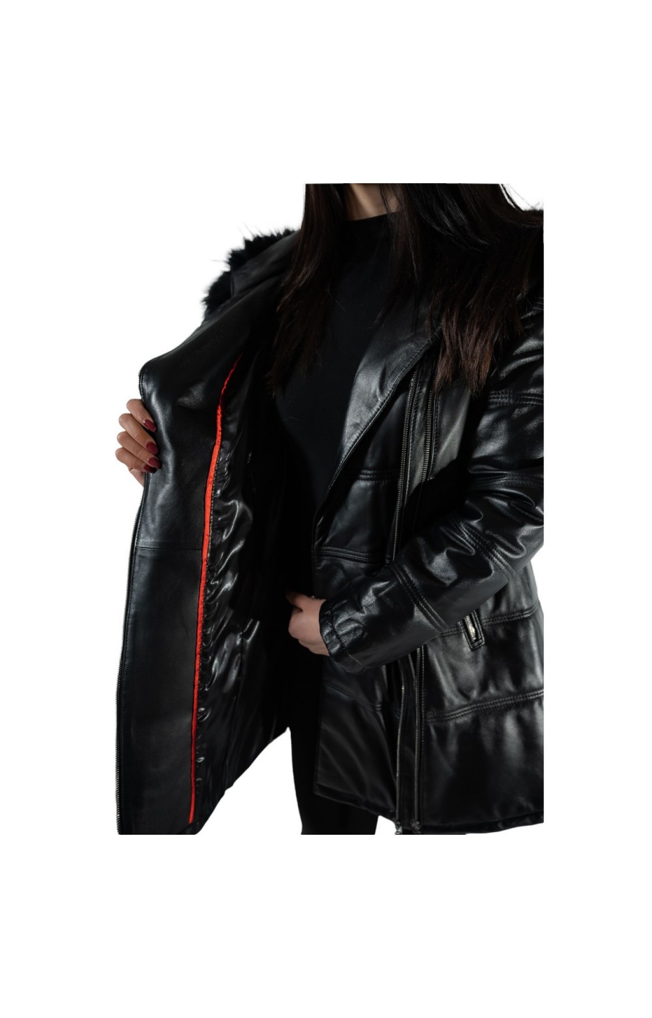 V-13103 WOMENS LEATHER JACKET SLIM FIT WITH NATURAL FUR BLACK
