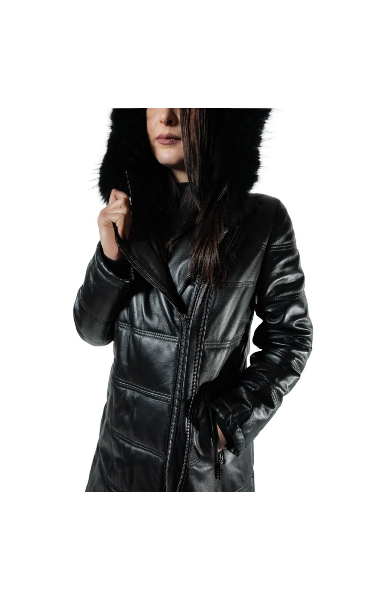 V-13103 WOMENS LEATHER JACKET SLIM FIT WITH NATURAL FUR BLACK