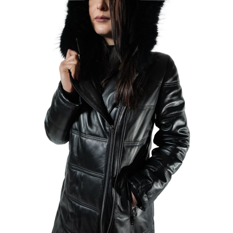 V-13103 ΓΥΝΑΙΚΕΙΑ ΔΕΡΜΑΤΙΝΗ ΖΑΚΕΤΑ ΜΕΣΑΤΗ ΜΕ ΦΥΣΙΚΗ ΓΟΥΝΑ  ΜΑΥΡΗ